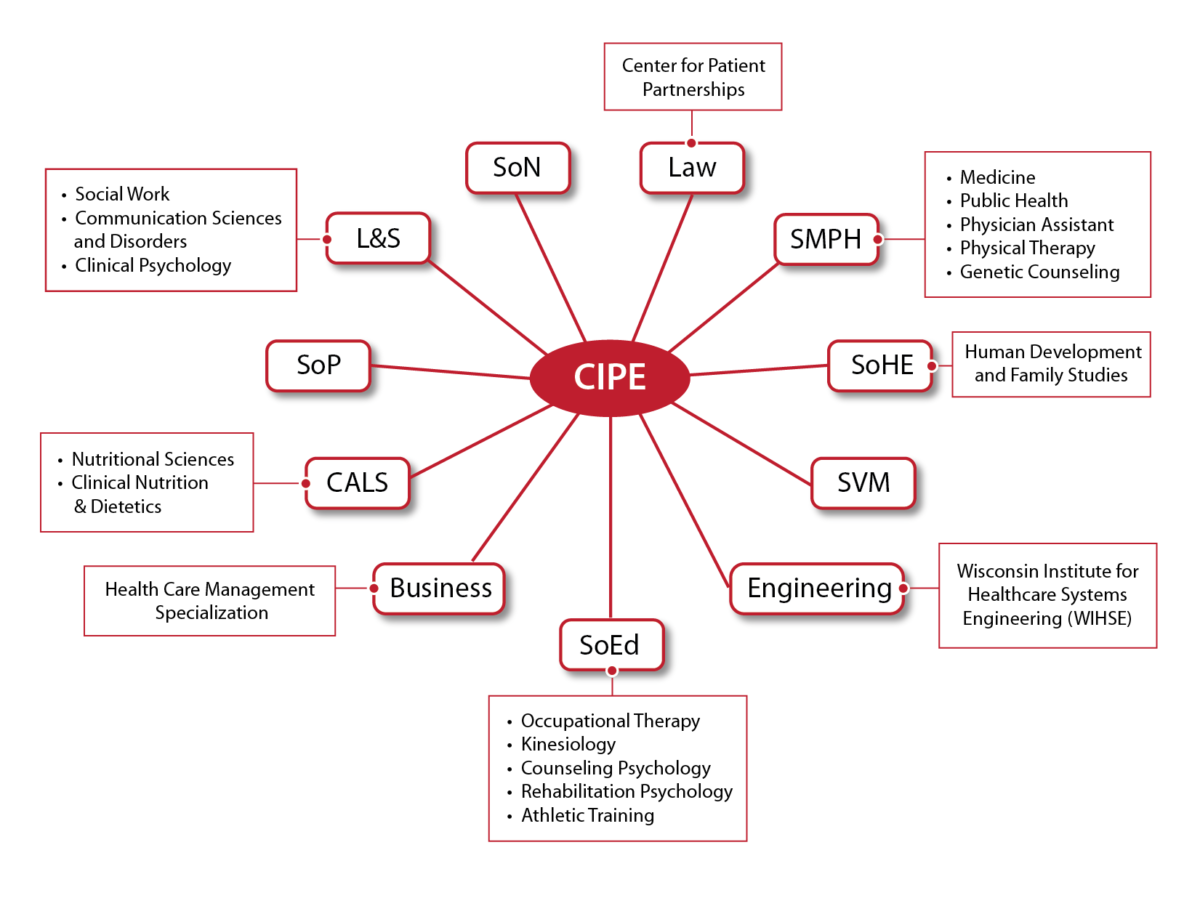 Diagram showing connections between CIPE and the allied health sciences on the UW-Madison campus.