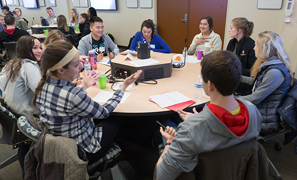 Students from the UW-Madison Schools of Pharmacy and Nursing participate in the interprofessional module of the Center for Interprofessional Practice and Education (CIPE) event, "UW Head Coaches Talk Teamwork,"